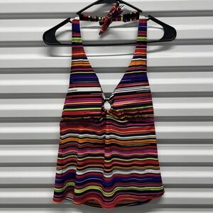 Baltex Womens Tankini Top Size 14 Multi Color Striped Halter Neck Swimwear NEW
